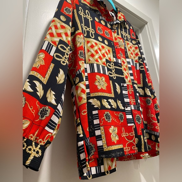 Vintage 80s EHL Red & Black Patterned Long-Sleeve Button-Up Blouse Top - Picture 4 of 5